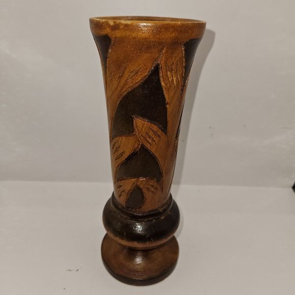 Vintage Hand Carved Wooden Vase Bohemian Mid-century Modern 8" Two-tone - Picture 8 of 16